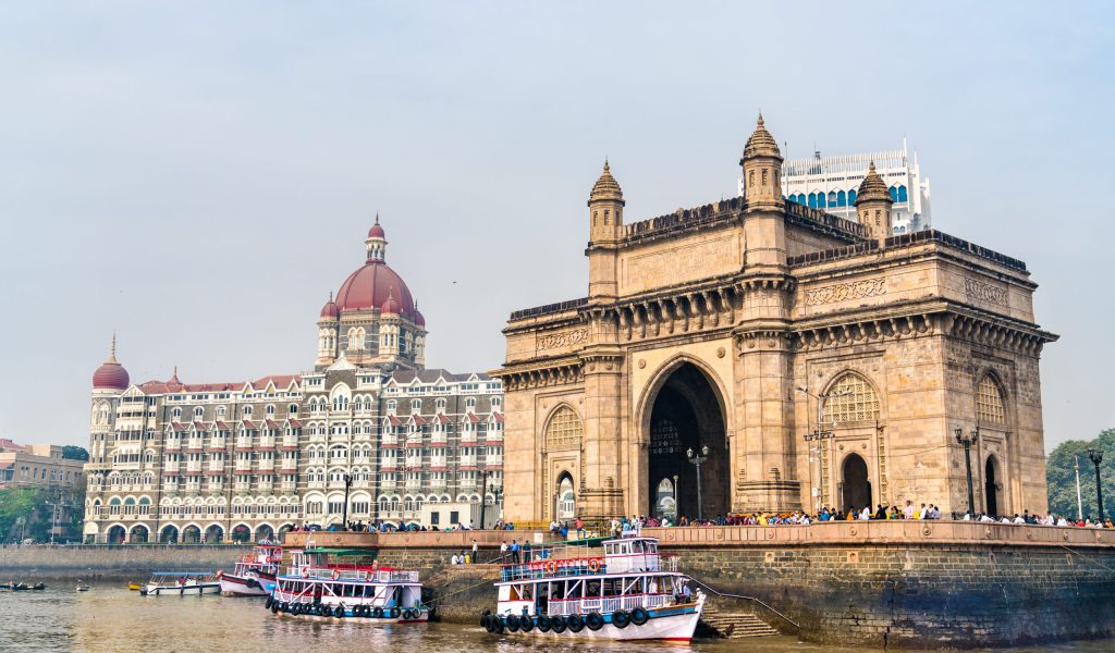 The Gateway of India and Taj Mahal Palace as seen from the Arabian Sea. Mumbai - Maharashtra, India